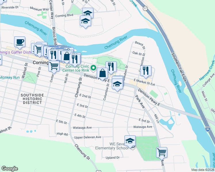 map of restaurants, bars, coffee shops, grocery stores, and more near 137 Columbia Street in Corning