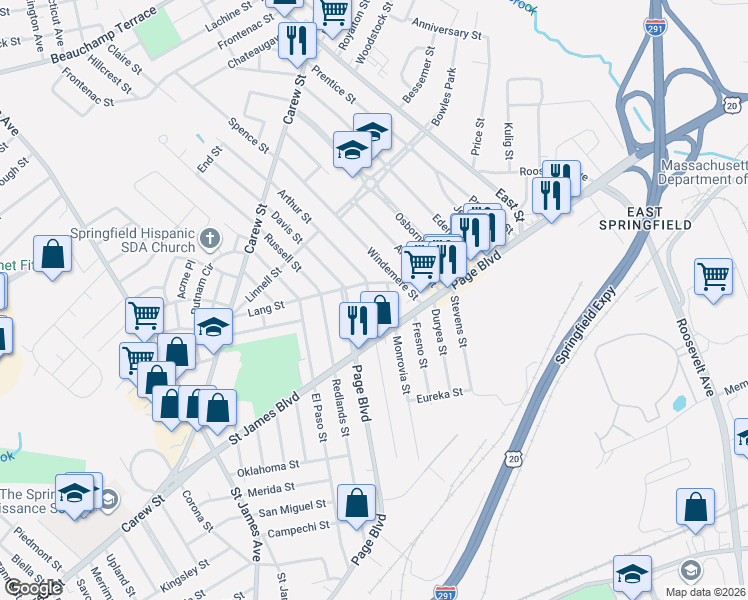 map of restaurants, bars, coffee shops, grocery stores, and more near 54 Windemere Street in Springfield