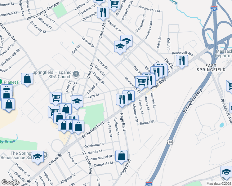 map of restaurants, bars, coffee shops, grocery stores, and more near 162 Lang Street in Springfield