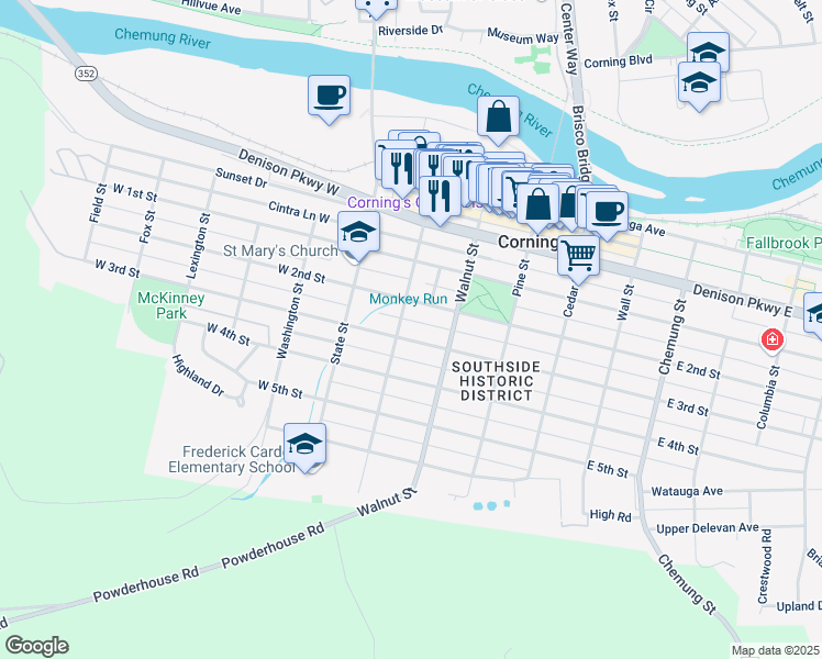 map of restaurants, bars, coffee shops, grocery stores, and more near 96-98 West 2nd Street in Corning