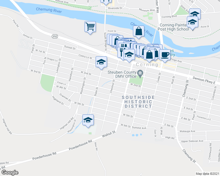 map of restaurants, bars, coffee shops, grocery stores, and more near 96-98 West 2nd Street in Corning