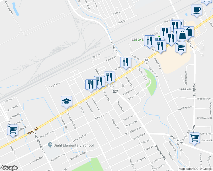 map of restaurants, bars, coffee shops, grocery stores, and more near 3206 Buffalo Road in Erie
