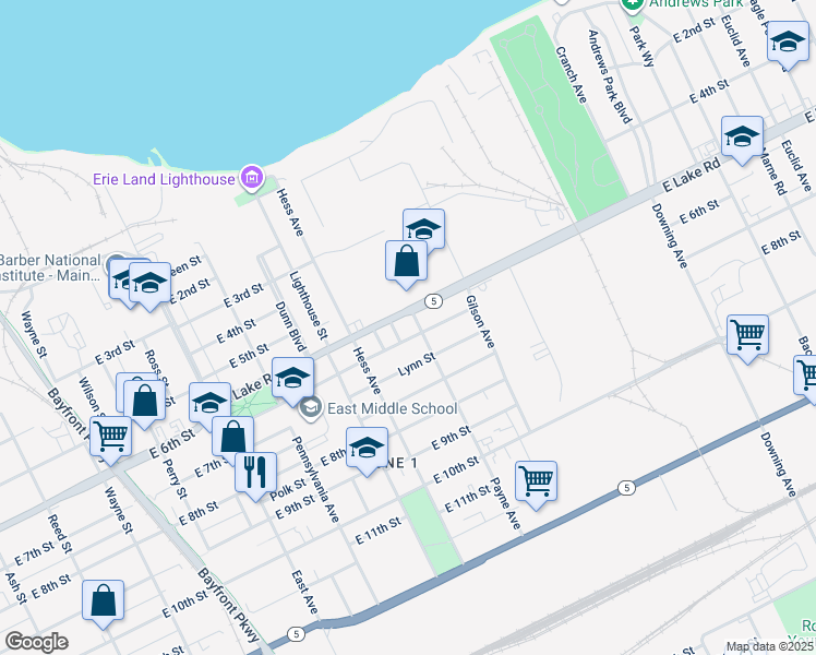 map of restaurants, bars, coffee shops, grocery stores, and more near 1411 East Lake Road in Erie