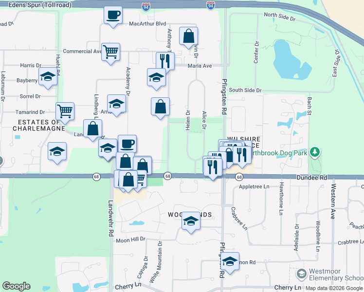 map of restaurants, bars, coffee shops, grocery stores, and more near 640 Helen Drive in Northbrook