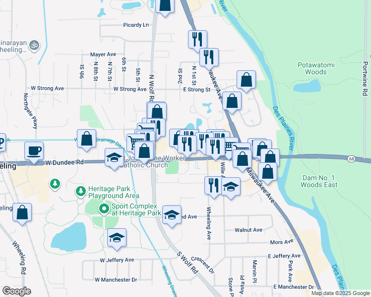 map of restaurants, bars, coffee shops, grocery stores, and more near 100 Deborah Lane in Wheeling