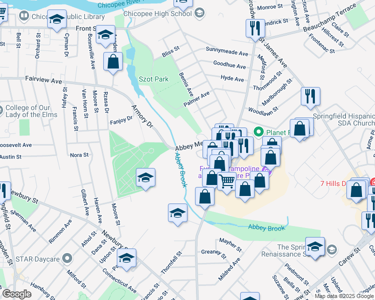 map of restaurants, bars, coffee shops, grocery stores, and more near 153 Abbey Memorial Drive in Chicopee