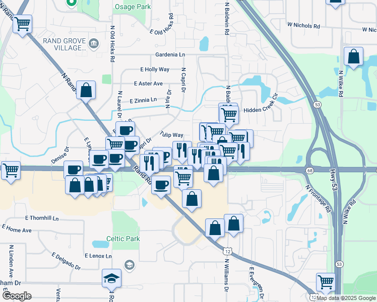 map of restaurants, bars, coffee shops, grocery stores, and more near 15B East Dundee Quarter Drive in Palatine