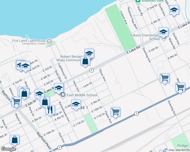 map of restaurants, bars, coffee shops, grocery stores, and more near 1446 Atkins Street in Erie