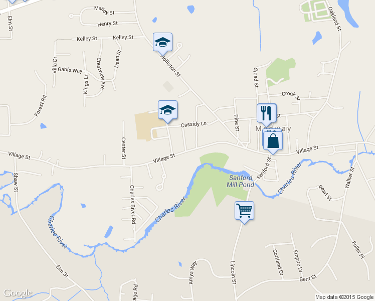 map of restaurants, bars, coffee shops, grocery stores, and more near 212 Village Street in Medway
