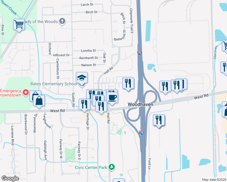 map of restaurants, bars, coffee shops, grocery stores, and more near 22041 Fairlane Boulevard in Woodhaven