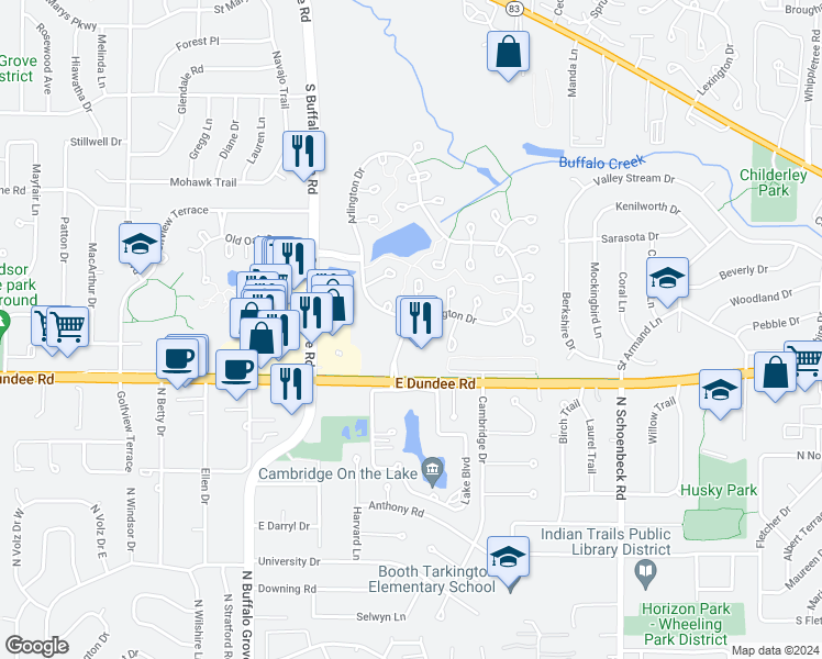 map of restaurants, bars, coffee shops, grocery stores, and more near 1529 Baldwin Court in Wheeling