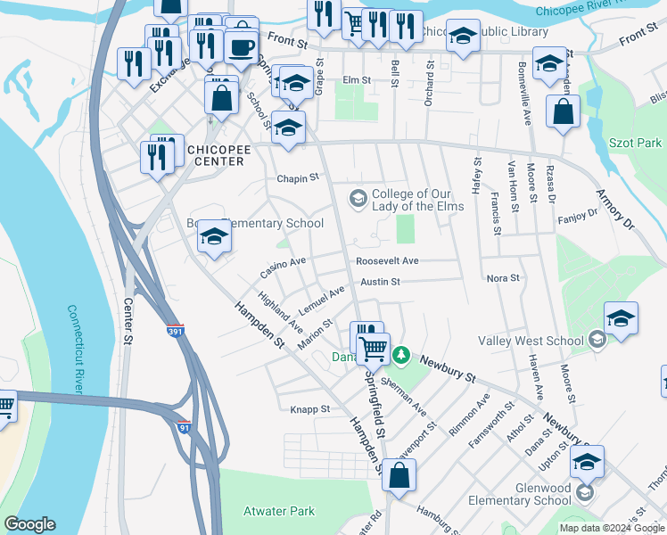 map of restaurants, bars, coffee shops, grocery stores, and more near 18 Henry Harris Street in Chicopee