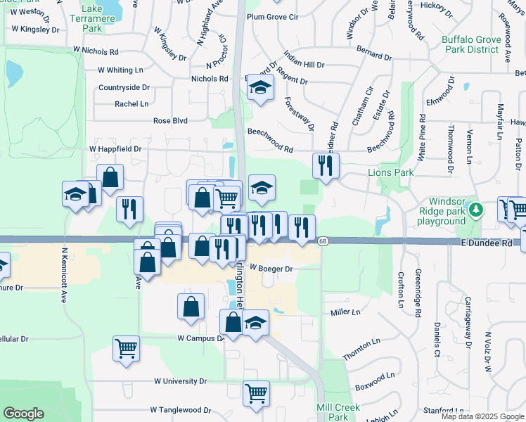 map of restaurants, bars, coffee shops, grocery stores, and more near 1100 West Dundee Road in Buffalo Grove