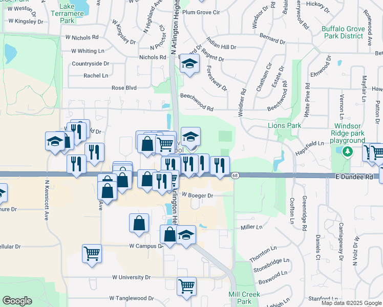 map of restaurants, bars, coffee shops, grocery stores, and more near 1100 West Dundee Road in Buffalo Grove