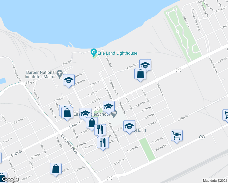 map of restaurants, bars, coffee shops, grocery stores, and more near 424 Lighthouse Street in Erie