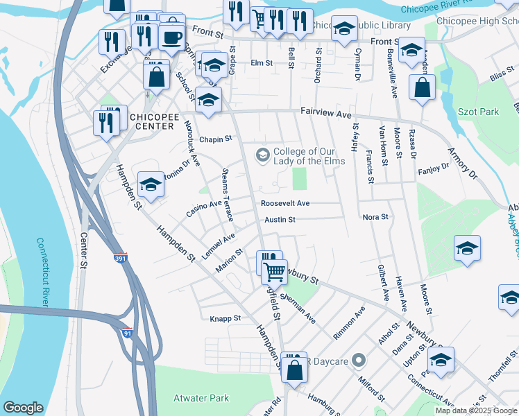 map of restaurants, bars, coffee shops, grocery stores, and more near 20 Roosevelt Avenue in Chicopee