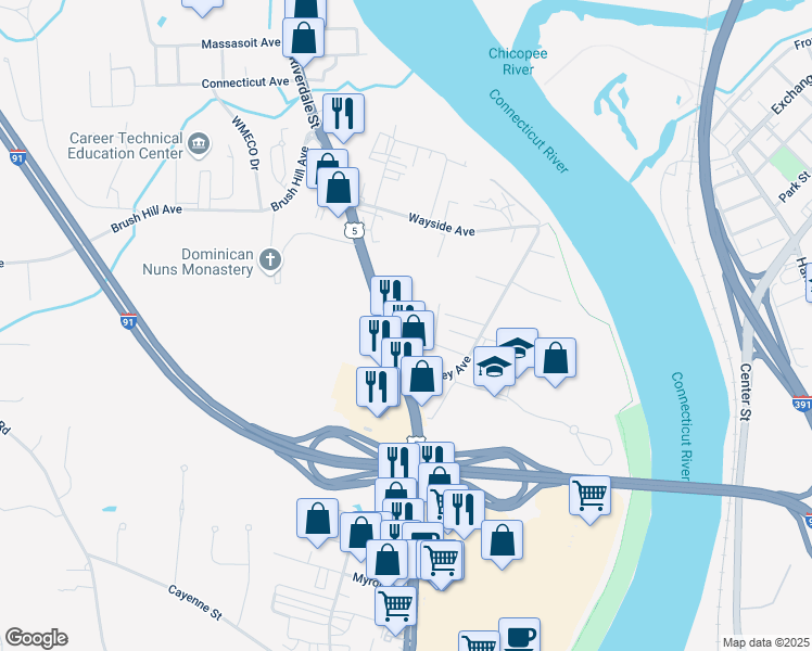 map of restaurants, bars, coffee shops, grocery stores, and more near 1343 U.S. 5 in West Springfield