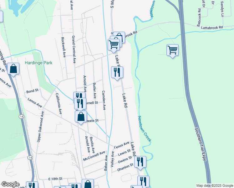 map of restaurants, bars, coffee shops, grocery stores, and more near 3133 Lake Road in Horseheads