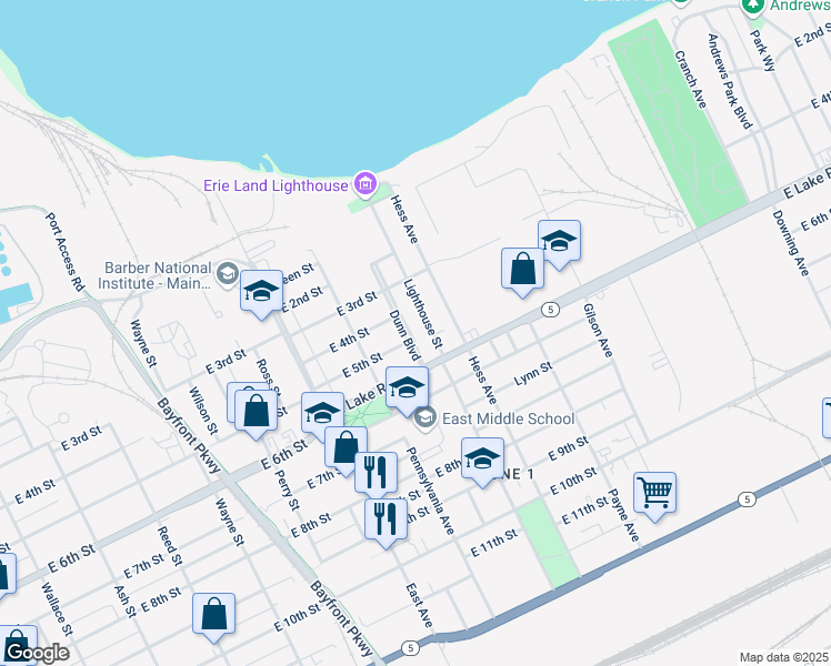 map of restaurants, bars, coffee shops, grocery stores, and more near 405 Lighthouse Street in Erie