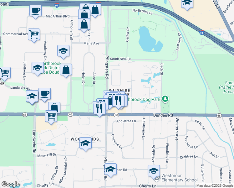 map of restaurants, bars, coffee shops, grocery stores, and more near 616 Dunsten Circle in Northbrook
