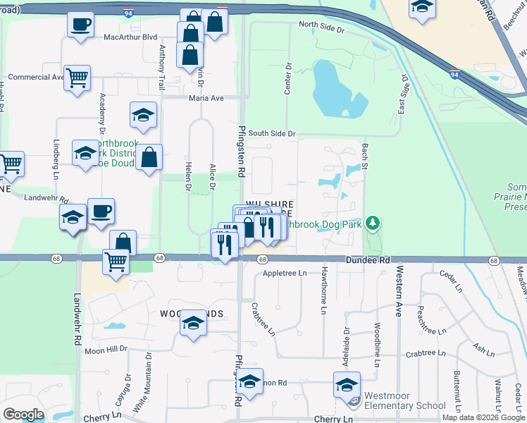 map of restaurants, bars, coffee shops, grocery stores, and more near 616 Dunsten Circle in Northbrook