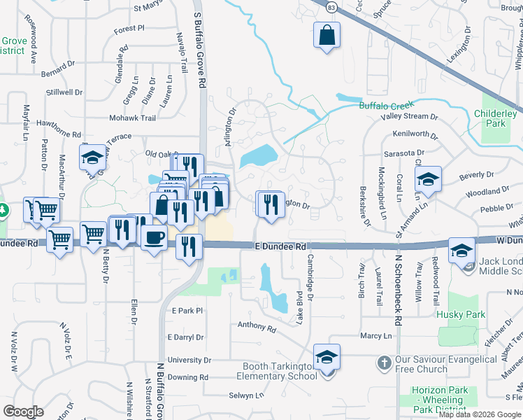 map of restaurants, bars, coffee shops, grocery stores, and more near 1530 Baldwin Court in Wheeling