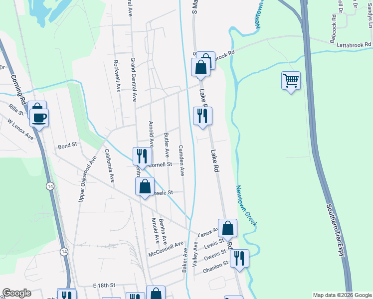 map of restaurants, bars, coffee shops, grocery stores, and more near 3090 Camden Ave in Horseheads