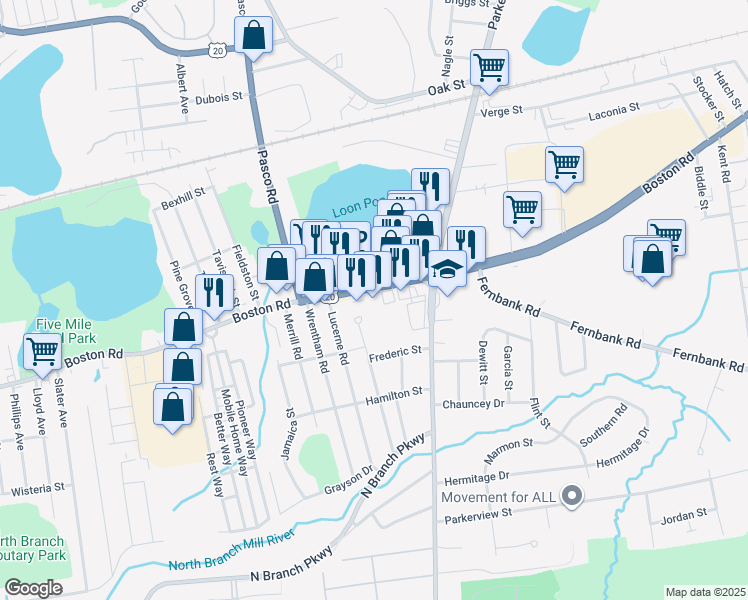 map of restaurants, bars, coffee shops, grocery stores, and more near 1045 Boston Road in Springfield