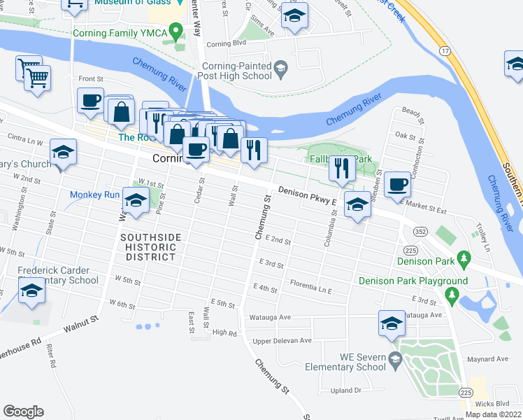 map of restaurants, bars, coffee shops, grocery stores, and more near 161 East 1st Street in Corning