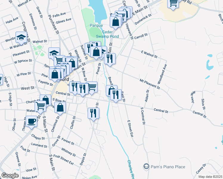 map of restaurants, bars, coffee shops, grocery stores, and more near 29 Beach Street in Milford