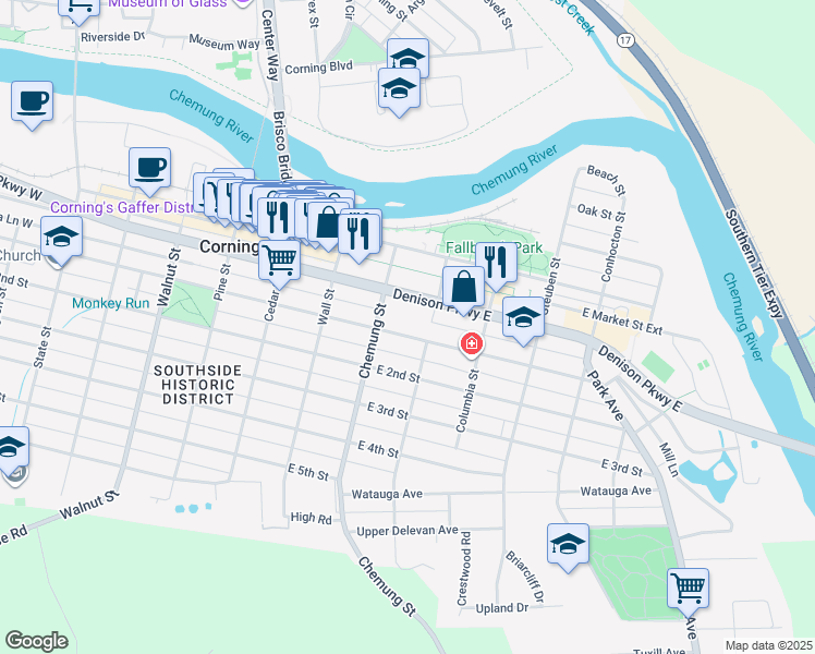 map of restaurants, bars, coffee shops, grocery stores, and more near 176 Denison Parkway East in Corning