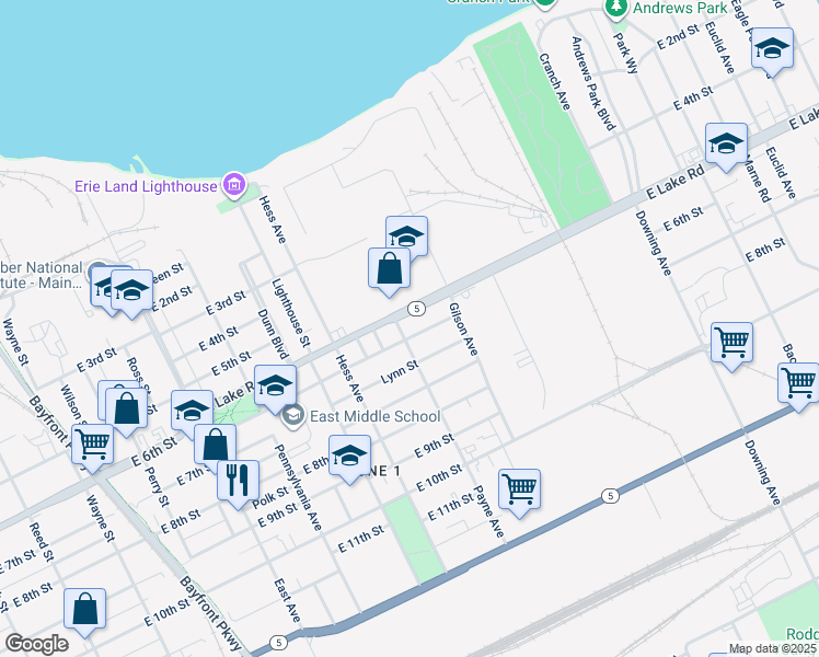 map of restaurants, bars, coffee shops, grocery stores, and more near 1411 East Lake Road in Erie