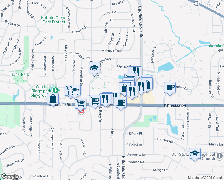 map of restaurants, bars, coffee shops, grocery stores, and more near 8 Oak Creek Drive in Buffalo Grove
