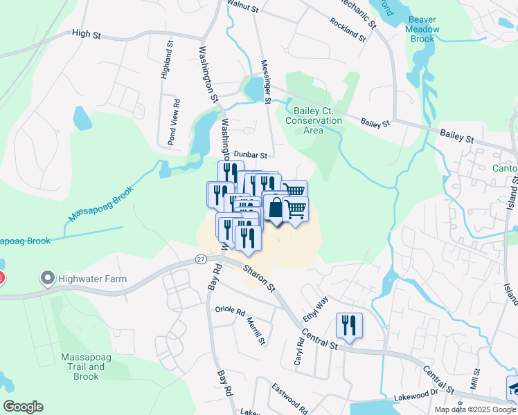 map of restaurants, bars, coffee shops, grocery stores, and more near 95 Washington Street in Canton