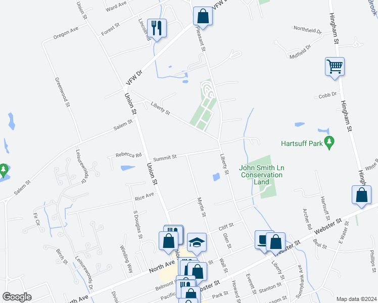 map of restaurants, bars, coffee shops, grocery stores, and more near 96 Summit Street in Rockland