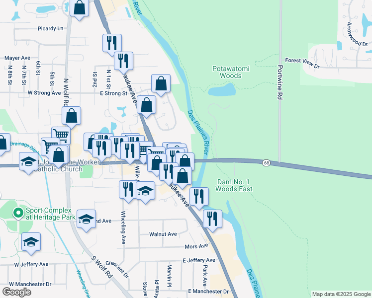 map of restaurants, bars, coffee shops, grocery stores, and more near 450 East Dundee Road in Wheeling