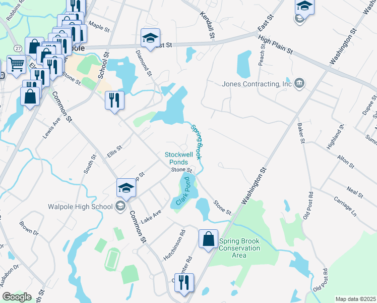 map of restaurants, bars, coffee shops, grocery stores, and more near 25 Delcor Drive in Walpole