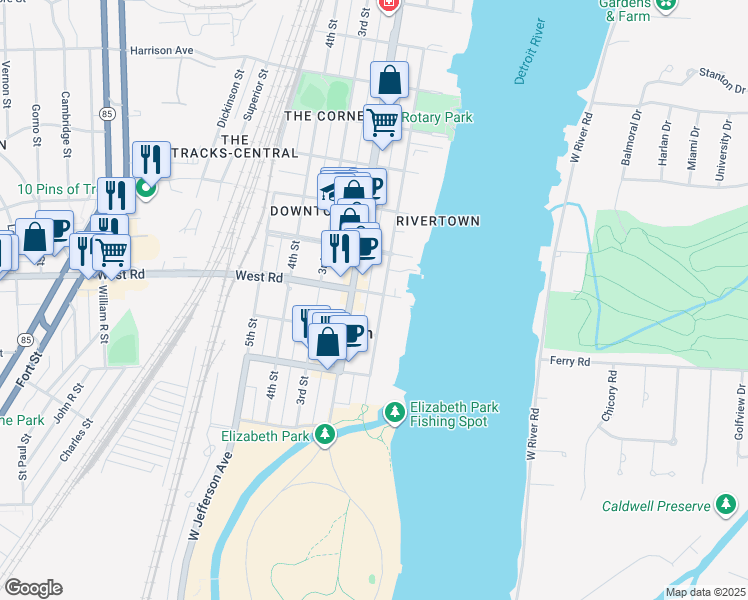 map of restaurants, bars, coffee shops, grocery stores, and more near 2771 Riverside Drive in Trenton