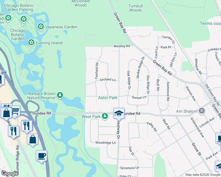 map of restaurants, bars, coffee shops, grocery stores, and more near 1143 Mayfair Lane in Glencoe
