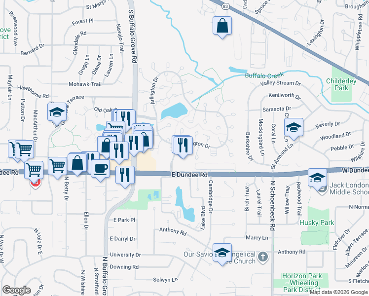 map of restaurants, bars, coffee shops, grocery stores, and more near 1518 Camden Court in Wheeling