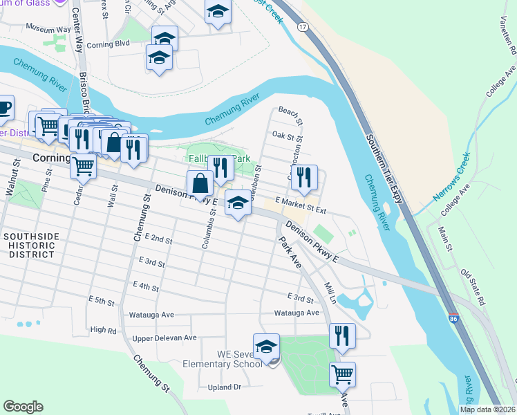 map of restaurants, bars, coffee shops, grocery stores, and more near 319 East Market Street Extensoin in Corning