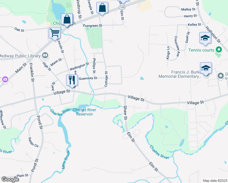 map of restaurants, bars, coffee shops, grocery stores, and more near 290 Village Street in Medway