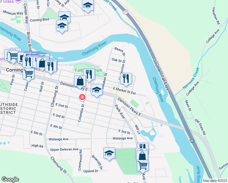 map of restaurants, bars, coffee shops, grocery stores, and more near 353 East Market Street Extension in Corning