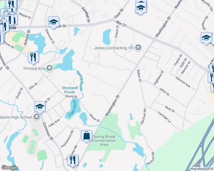 map of restaurants, bars, coffee shops, grocery stores, and more near 10 Country Club Drive in Walpole