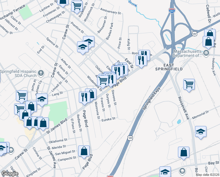 map of restaurants, bars, coffee shops, grocery stores, and more near 604 Page Boulevard in Springfield