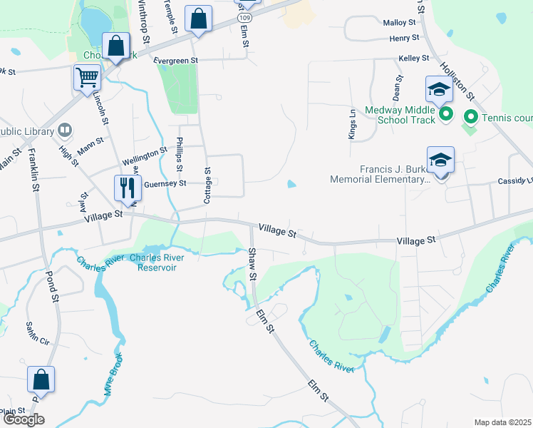 map of restaurants, bars, coffee shops, grocery stores, and more near 280 Village Street in Medway