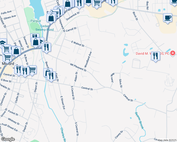 map of restaurants, bars, coffee shops, grocery stores, and more near 118 Woodland Avenue in Milford