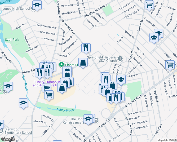 map of restaurants, bars, coffee shops, grocery stores, and more near in Springfield