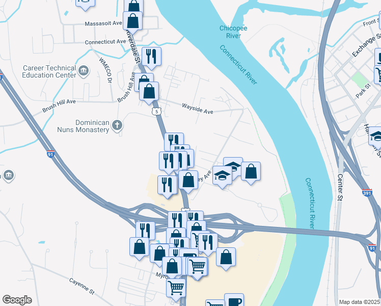 map of restaurants, bars, coffee shops, grocery stores, and more near 1343 U.S. 5 in West Springfield
