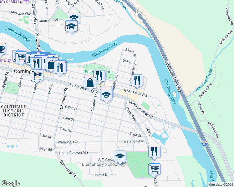 map of restaurants, bars, coffee shops, grocery stores, and more near 319 East Market Street Extensoin in Corning